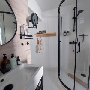 a bathroom with a shower and a sink at Koje1 in Bremm +45 photos