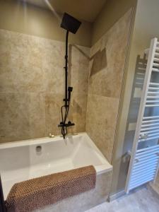 y baño con bañera y lámpara. en Joli Cocon Alsacien, en Ittlenheim