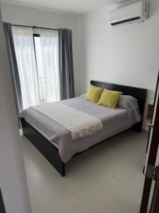 a bedroom with a bed with yellow pillows and a window at Take A Break in El Suazal