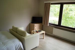 Schlafzimmer mit einem Bett, einem TV und einem Stuhl in der Unterkunft Budget Flats Brussels in Brüssel