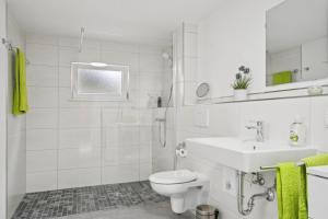 a white bathroom with a toilet and a sink at Ferienhaus für Mensch & Hund mit großer Terrasse in Andernach +10 photos
