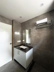 a bathroom with a sink and a mirror at Basant Cottage, Mall Road, Mussoorie in Mussoorie