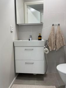 a white bathroom with a sink and a mirror at Rakkamaja Modern Forest-View Apartment in Rovaniemi +21 photos