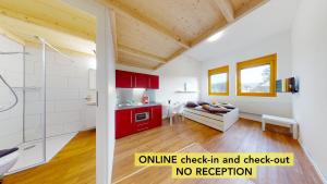 an orange check in and check out no rejection in a bathroom at Anstatthotel Affoltern am Albis - self-check-in in Affoltern