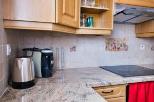 a kitchen with a counter top with a coffee maker at Family house with beautiful garden in Saint-Hippolyte