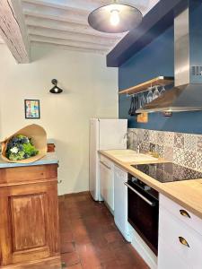cocina con paredes azules y nevera blanca en The Clock Apartment an authentic apartment in the city center, en LʼIsle-sur-la-Sorgue