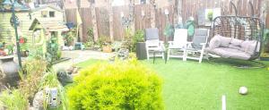 a backyard with chairs and grass and a fence at PATs in Belfast