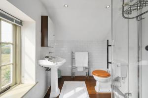 ein weißes Badezimmer mit Toilette und Waschbecken in der Unterkunft Pelsham Farm Cottage in Peasmarsh + 19 Fotos