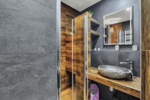 une salle de bain avec un lavabo en pierre et un miroir dans l'établissement Sky View Family Apartment, à Trnávka