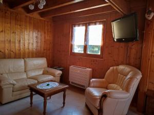 a living room with two couches and a tv at Chalet Le Petit Prince in Saffloz