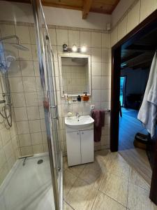 a bathroom with a sink and a shower and a tub at Malinowa na polu in Skorka