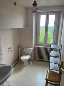 Un baño con inodoro y ventana. en Duplex, en Mur-de-Barrez