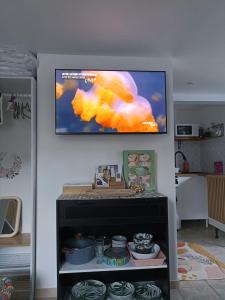 a flat screen tv hanging on a wall above a shelf at La Dune Bohème chic in Saint-Maurice-de-Beynost +6 photos