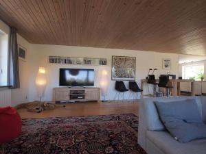 een woonkamer met een bank en een flatscreen-tv bij Holiday Home Spase - 250m to the fjord by Interhome in Nakskov