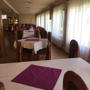 ペトロシャニにあるPensiune Restaurant Casa Sofiaのダイニングルーム(テーブル、椅子、紫のナプキン付)