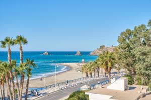 a view of a beach with palm trees and the ocean at Apartamento Gondolas Costa Tropical in Almuñécar