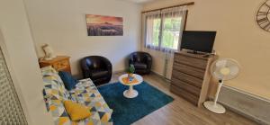 a living room with a couch and chairs and a television at La Musardière in Saint-Oyen