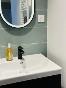 a bathroom with a white sink and a mirror at Forest - Nid au coeur de Fougères in Fougères +11 photos