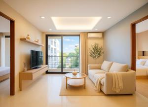 カマラビーチにあるKamalaya Hillside Sanctuary Kamala Beachのソファとテレビのあるリビングルーム