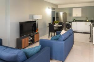 グロス・アイレットにあるHilltop Condos Unit #3の青いソファ2脚とテレビのあるリビングルーム