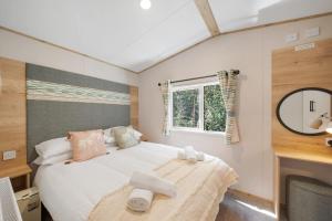 West DownにあるBeachy Lodge with Deck & Parking nr Ilfracombeの大きなベッドと鏡のある寝室