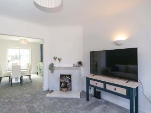 a living room with a large television and a fireplace at 6 Newbridge Gardens in Bath