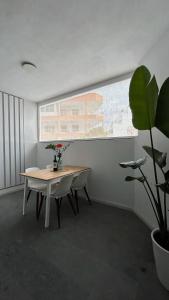 Un comedor con una mesa y una planta en maceta. en BeachVibe, en Puerto Naos