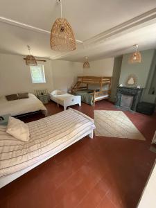 a bedroom with two beds and a fireplace at Maison TENERYL ancien corps de ferme rénové in Saint-Benoît-sur-Loire