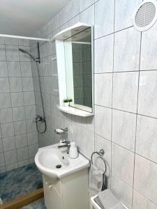 a white bathroom with a sink and a mirror at Studio Apartment MojMir in Zavalatica +15 photos