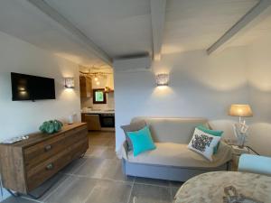 een woonkamer met een bank en een tv bij Rena Bianca Residence 225 in Baja Sardinia