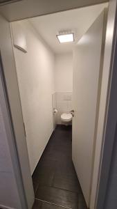 a small bathroom with a toilet in a stall at Exklusives und zentrales Wohnen direkt am Marktplatz in Balingen +3 photos