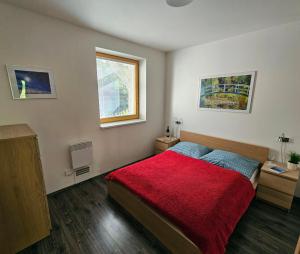 a bedroom with a bed with a red blanket at Apartments Světluška in Loučná nad Desnou