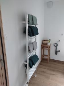 a towel rack in a bathroom with green towels at Appartement en plein nature près d'Europa Park in Boofzheim