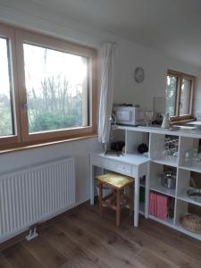 a kitchen with white shelves and a window at Appartement en plein nature près d'Europa Park in Boofzheim