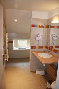 a bathroom with a sink and a window at La petite auberge de niaux in Niaux