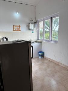 a kitchen with a sink and a refrigerator in it at M R Holidays Apartments in Arpora