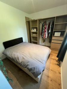 a bedroom with a bed and a closet at Chambres de hôte les moulin la paille in Veyre-Monton