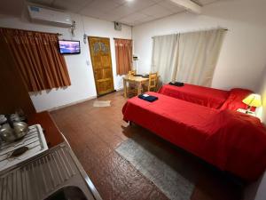 a bedroom with a red bed and a television at Fario Fishing Lodge in Villa El Chocón