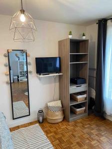 a living room with a tv and a mirror at Le Studio Lumineux in Compiègne +2 photos
