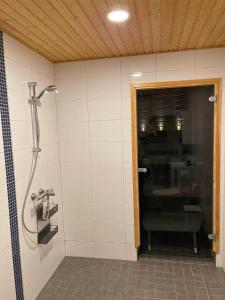 ソダンキュラにあるA one-bedroom apartment with a sauna near the centerのガラスドア付きの浴室のシャワー