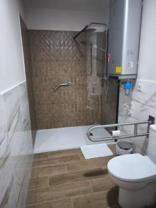 a bathroom with a shower with a toilet and a sink at El Limonero de Alajar in Alájar