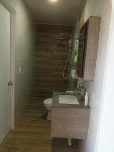 a bathroom with a toilet and a sink and a shower at Mi Sueño Caribeño in Nagua