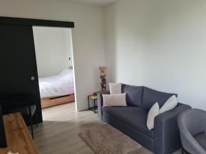 a living room with a blue couch and a bed at Les sources Caline in Haegen +8 photos