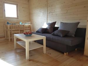 un salon avec un canapé et une table dans l'établissement Bungalow in Miedzyzdroje near the Beach, à Międzyzdroje