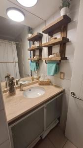 un baño con lavabo y espejo en Departamento Ñuñoa -Grecia, en Santiago