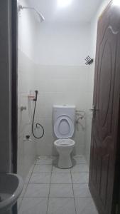 a bathroom with a toilet and a shower at Watamu Plaza Studio 3 in Watamu