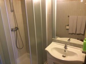 a bathroom with a shower and a sink at Condo Gardens Brussels in Brussels