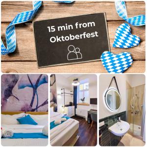 a collage of pictures of a hotel room at HOMELY STAY Studio 1 - Small and cozy Self-Check-In Room in Munich - 15 min from Oktoberfest in Munich