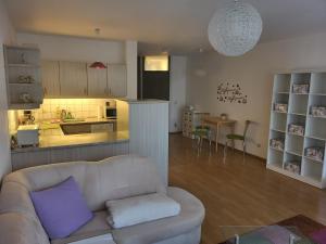 a living room with a couch and a kitchen at Ferienwohnung Kris in Leipzig