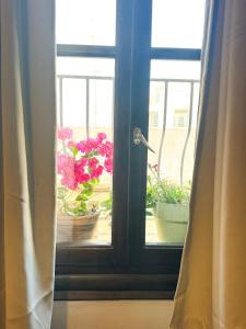 an open door with a window with potted plants outside at Happy Place in Rethymno Town